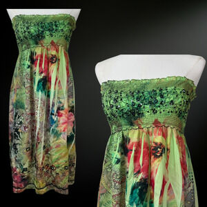 Lapis Womens Y2K Strapless Babydoll Sequin Mini Dress Size M/L Forest Fairy